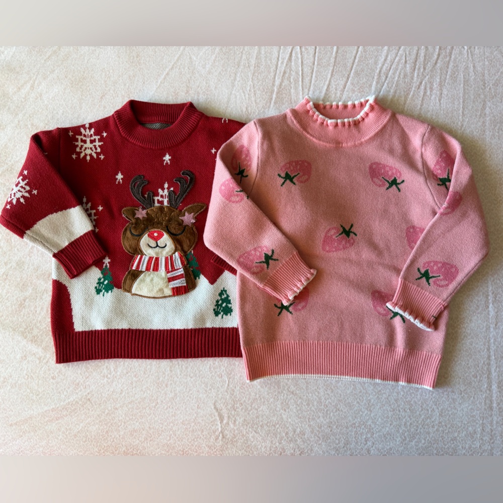 Festive Reindeer and Pink Patterned Kids Sweater Set